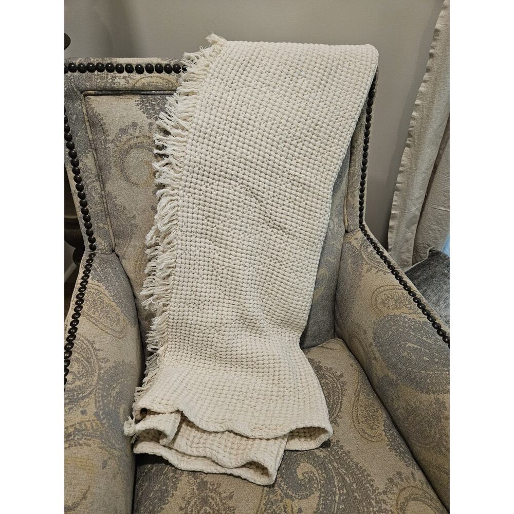Anthropologie Tasselled Throw Blanket Cream Off White Color 44x48 Waffle Cotton - Picture 3 of 5
